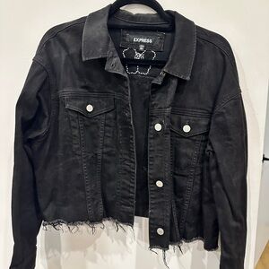 Express Black Distressed Raw-Hem Cropped Denim Jacket